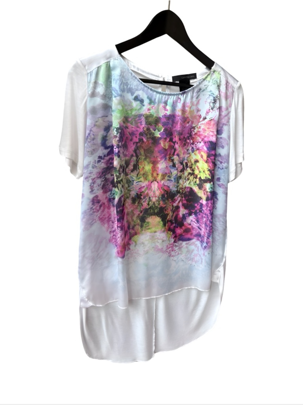 Calvin Klein Abstract Watercolor Blue Multi High-Low Blouse S - Picture 7 of 12